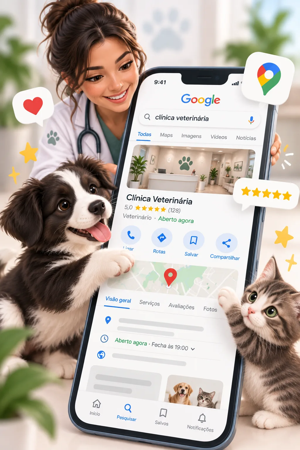 Perfil de uma clínica veterinária no Google, no celular