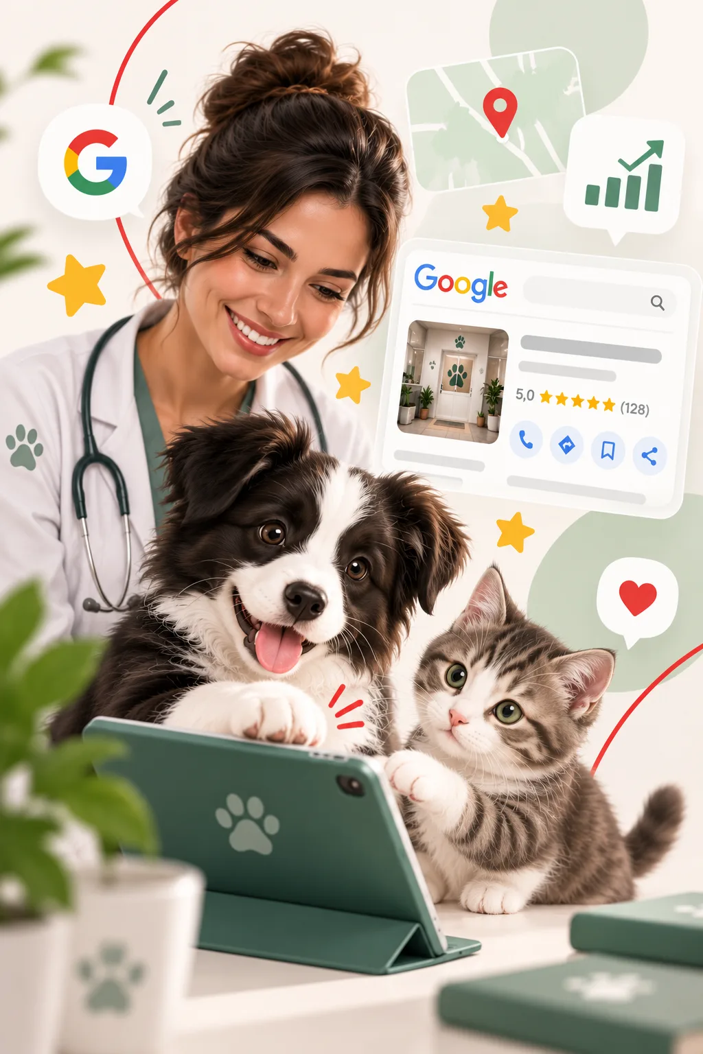 Veterinária com cão e gato e ícones de busca, mapa e avaliações