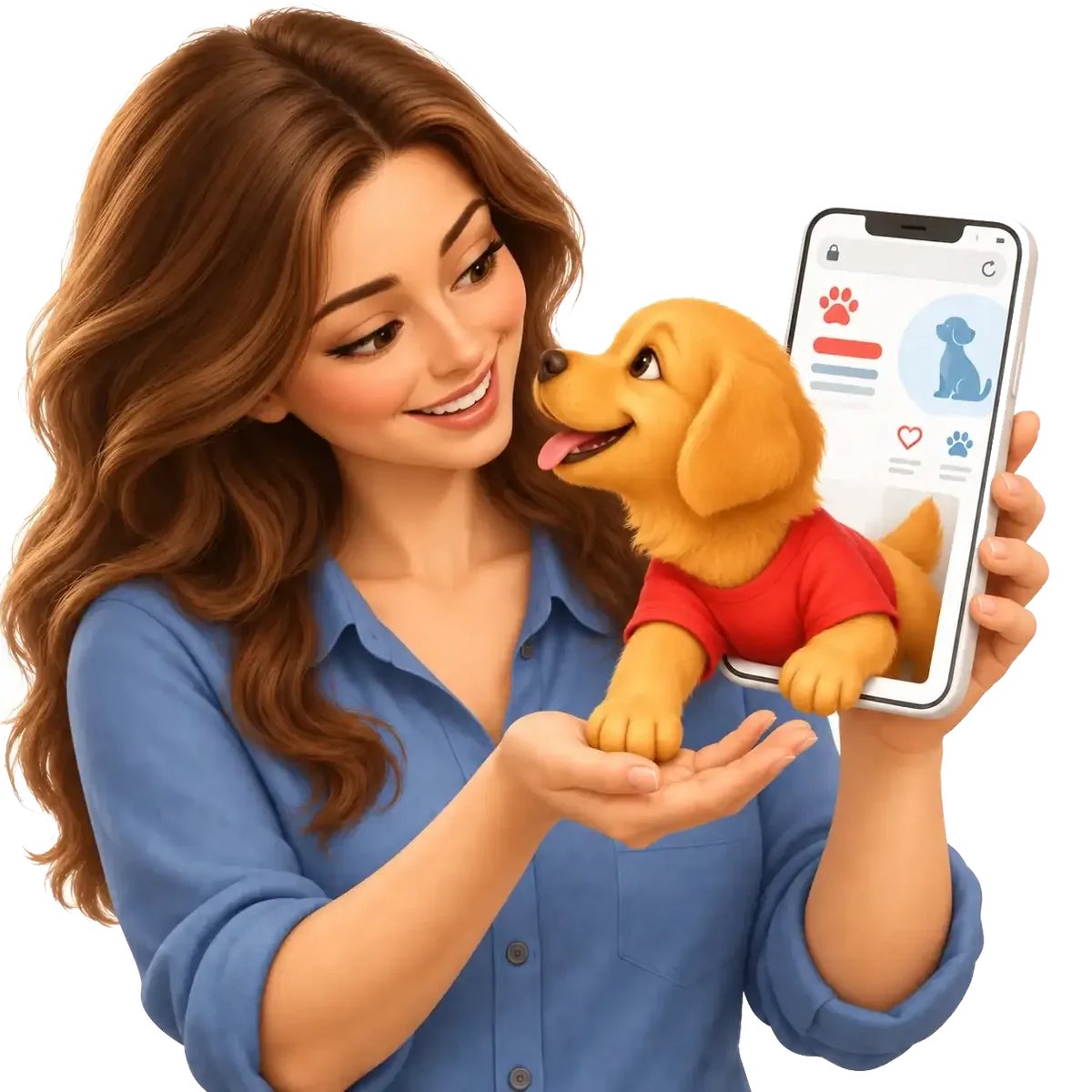 Responsável consulta o site da clínica no celular, com o cão no colo