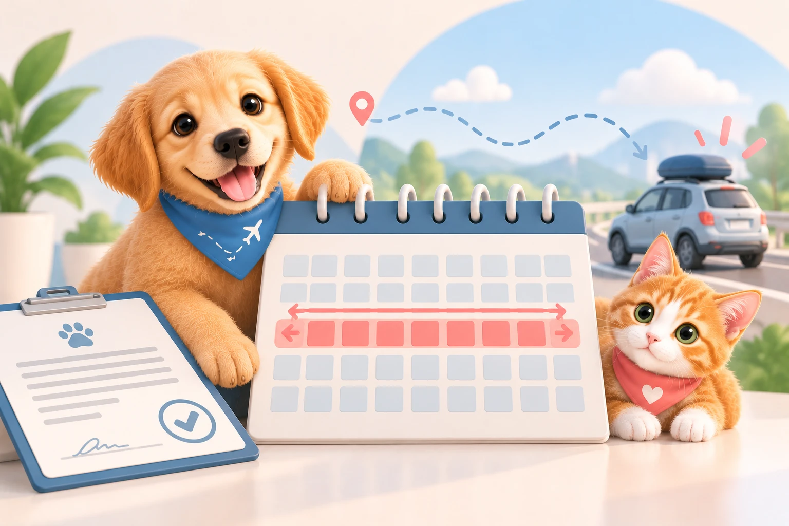 Calendário com uma faixa de 10 dias destacada e um carro pequeno no fim