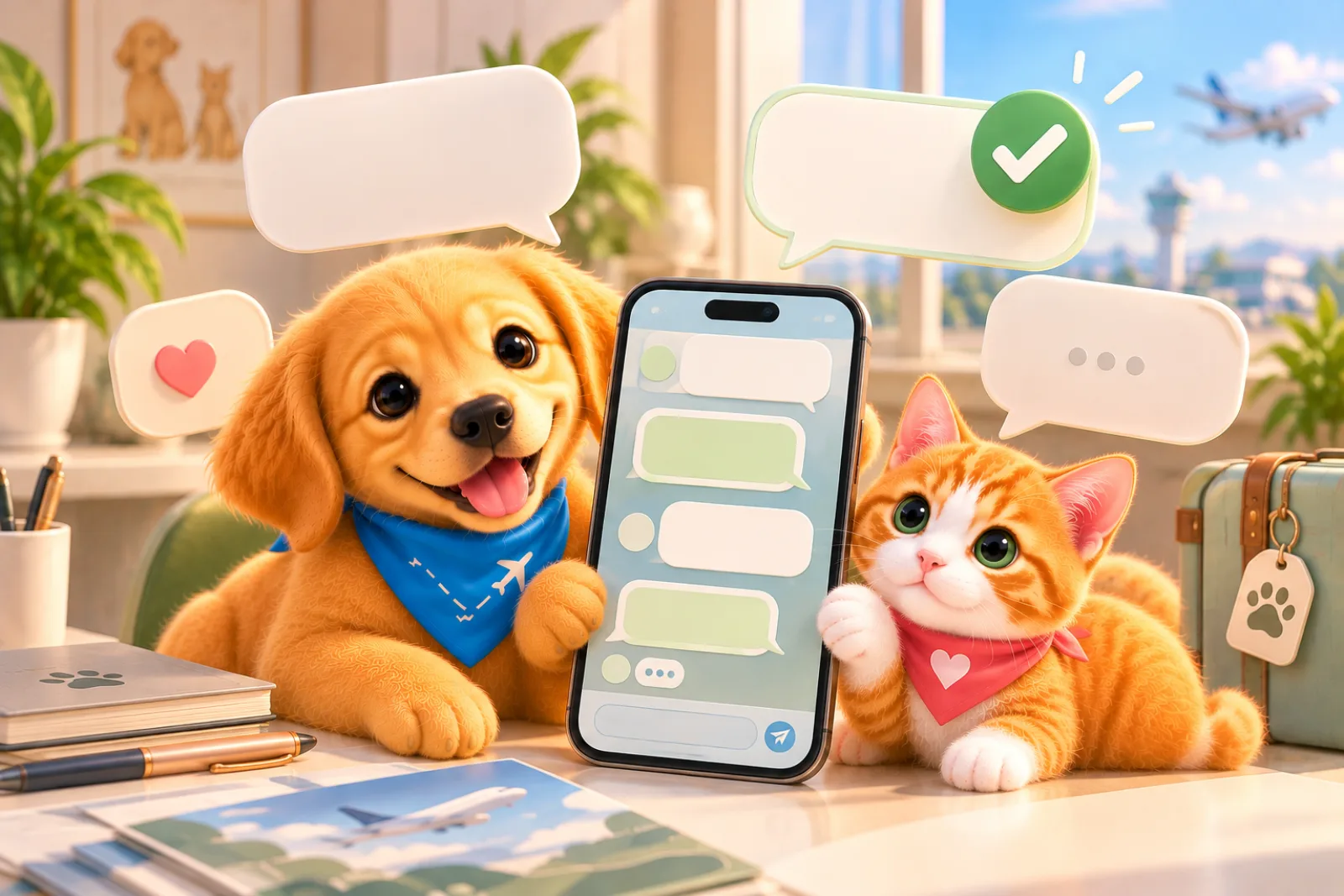 Balões de conversa em branco saindo de um celular, um com sinal de certo