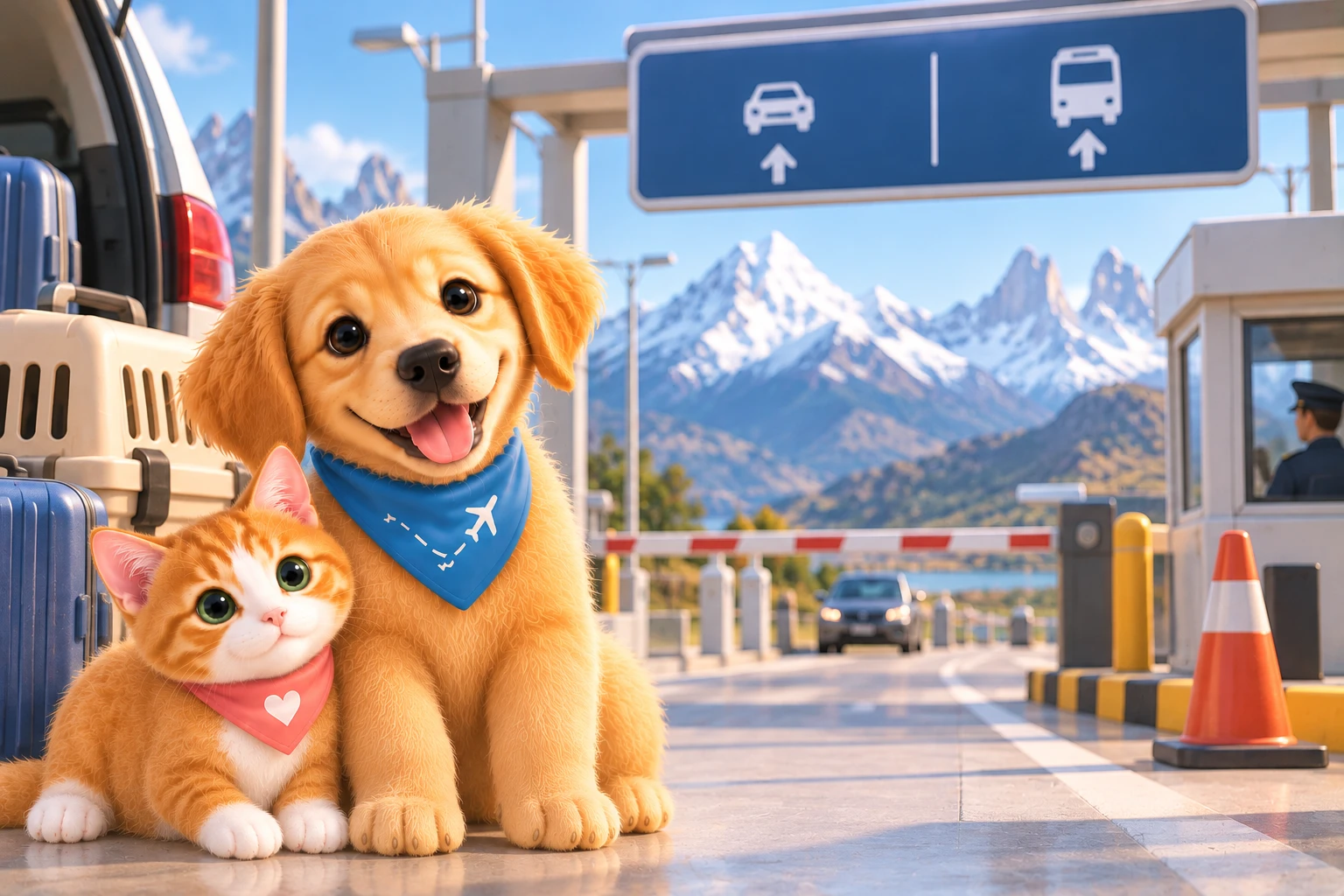 Cão com bandana diante de uma placa de fronteira genérica sem texto