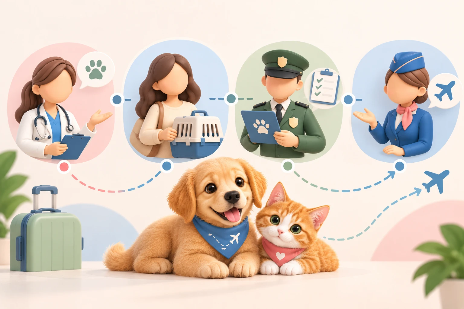 Quatro bonecos simples (veterinário, responsável, fiscal, companhia aérea) sem rosto realista, ligados por linhas