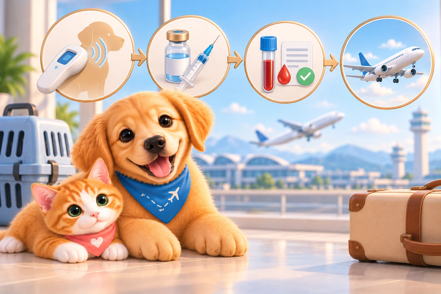 Quatro objetos em fila com setas: microchip, frasco de vacina, tubo de coleta, avião
