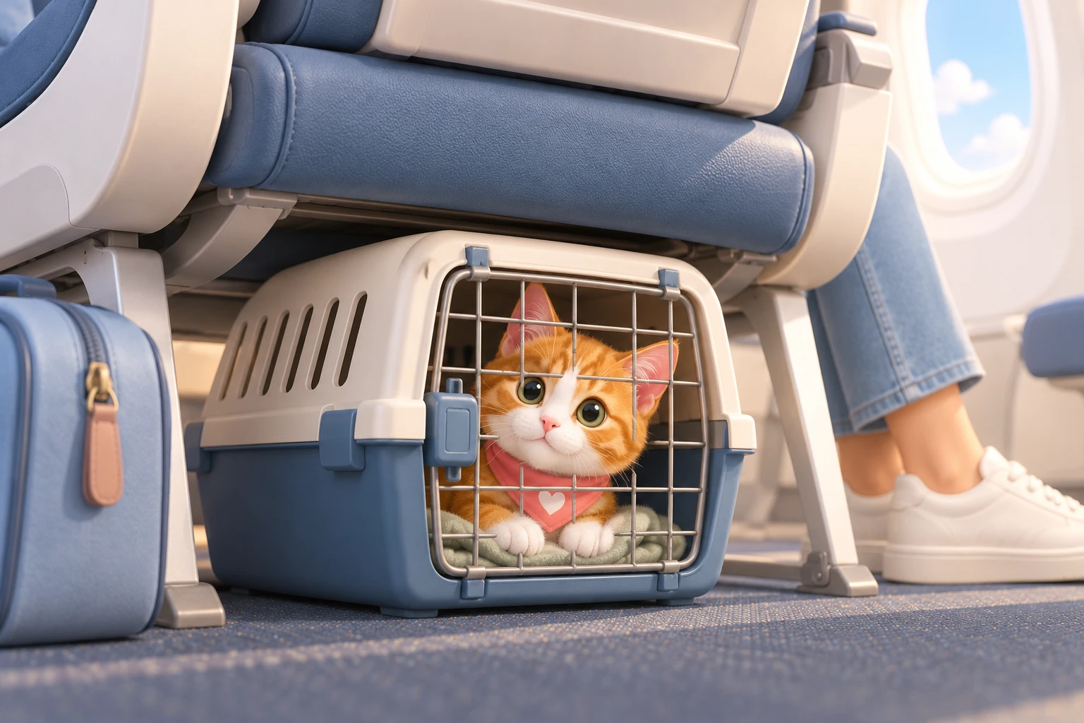 Caixa de transporte rígida embaixo de um assento de avião estilizado, gato tranquilo dentro